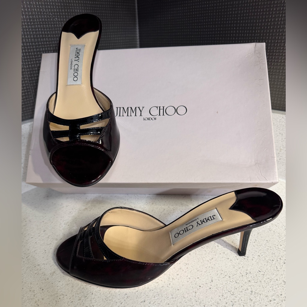 Jimmy Choo Leopard Print Patent Leather Bordeaux Sandals 38